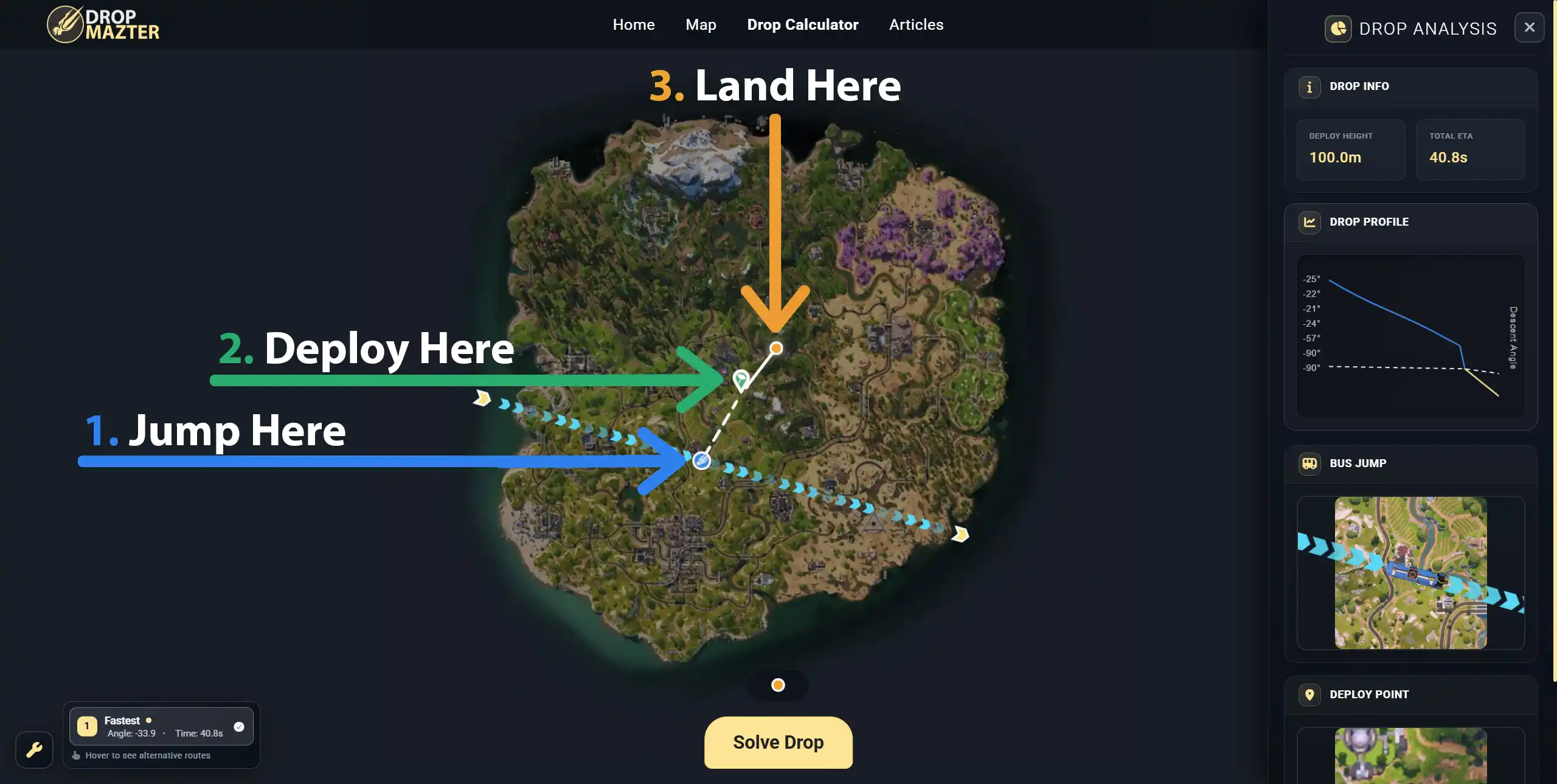 Drop Mazter drop calculator interface showing jump point, deploy marker, and dive angle for a selected Fortnite location
