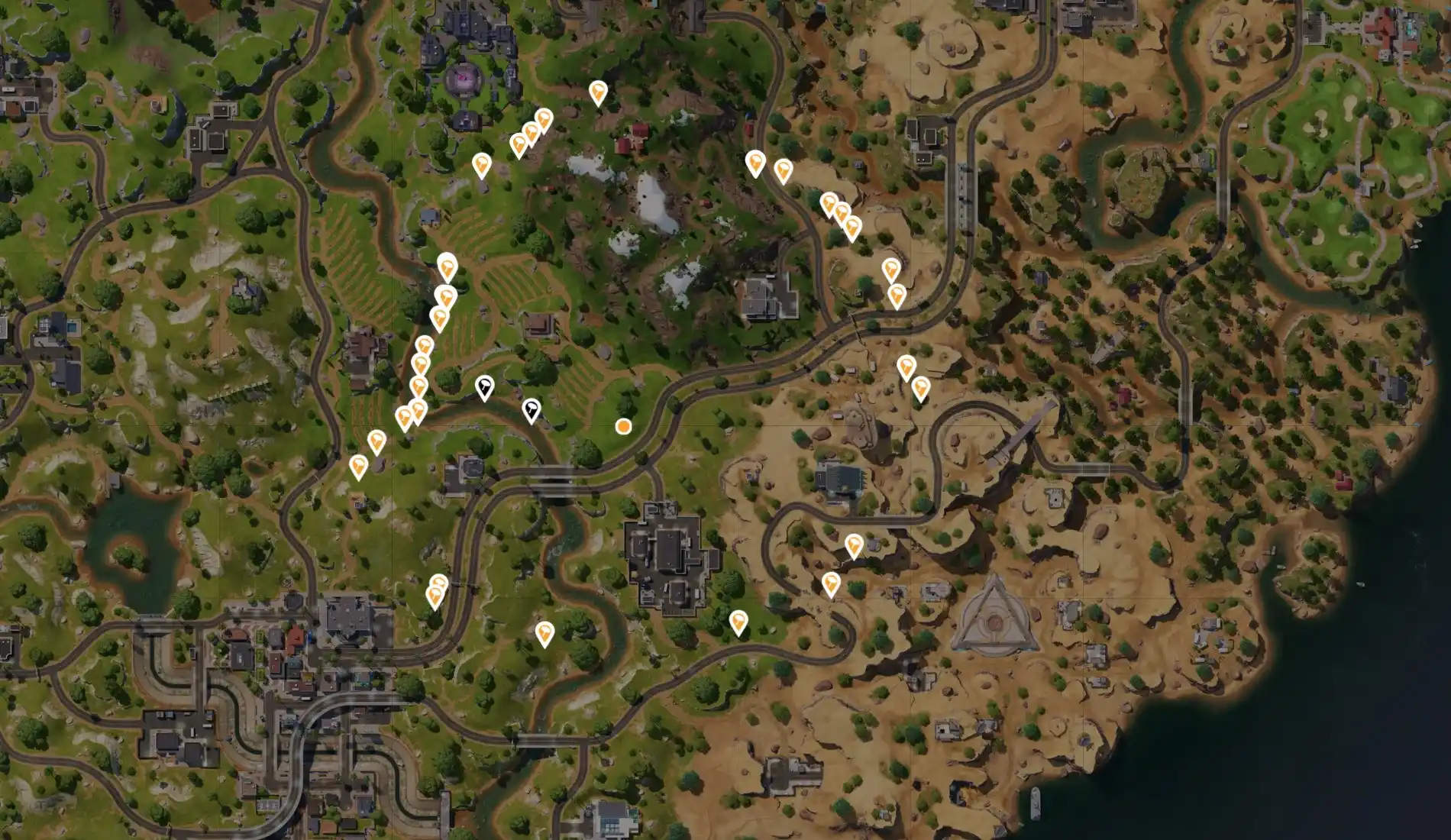 A Fortnite drop map showing a grid of deploy markers around a location